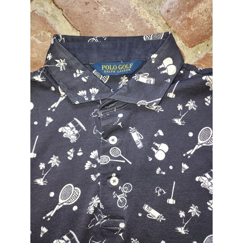Polo Golf Ralph Lauren Mens Polo Shirt L Blue Tennis Golf All Over Print NWOT - Picture 3 of 7